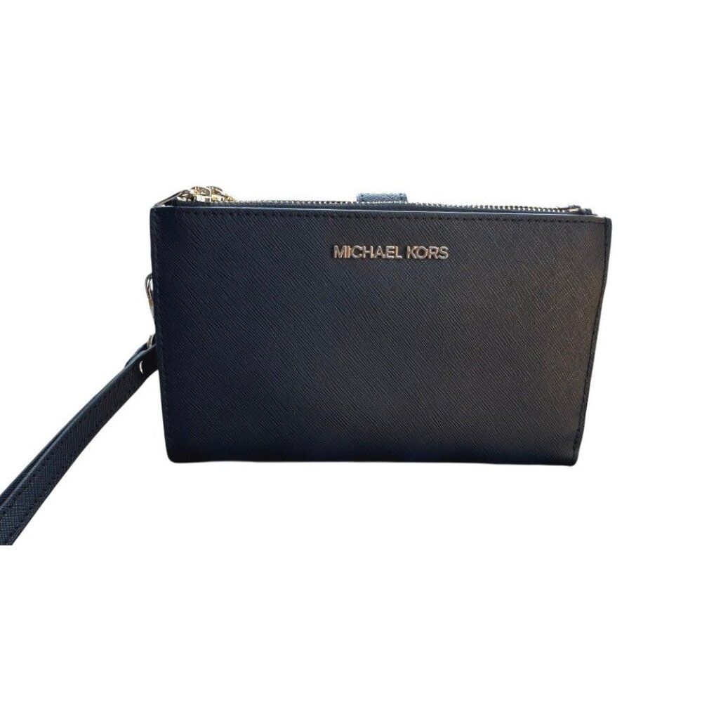 Michael Kors Adele Double Zip Black Saffiano Leather Smartphone Wristlet Wallet